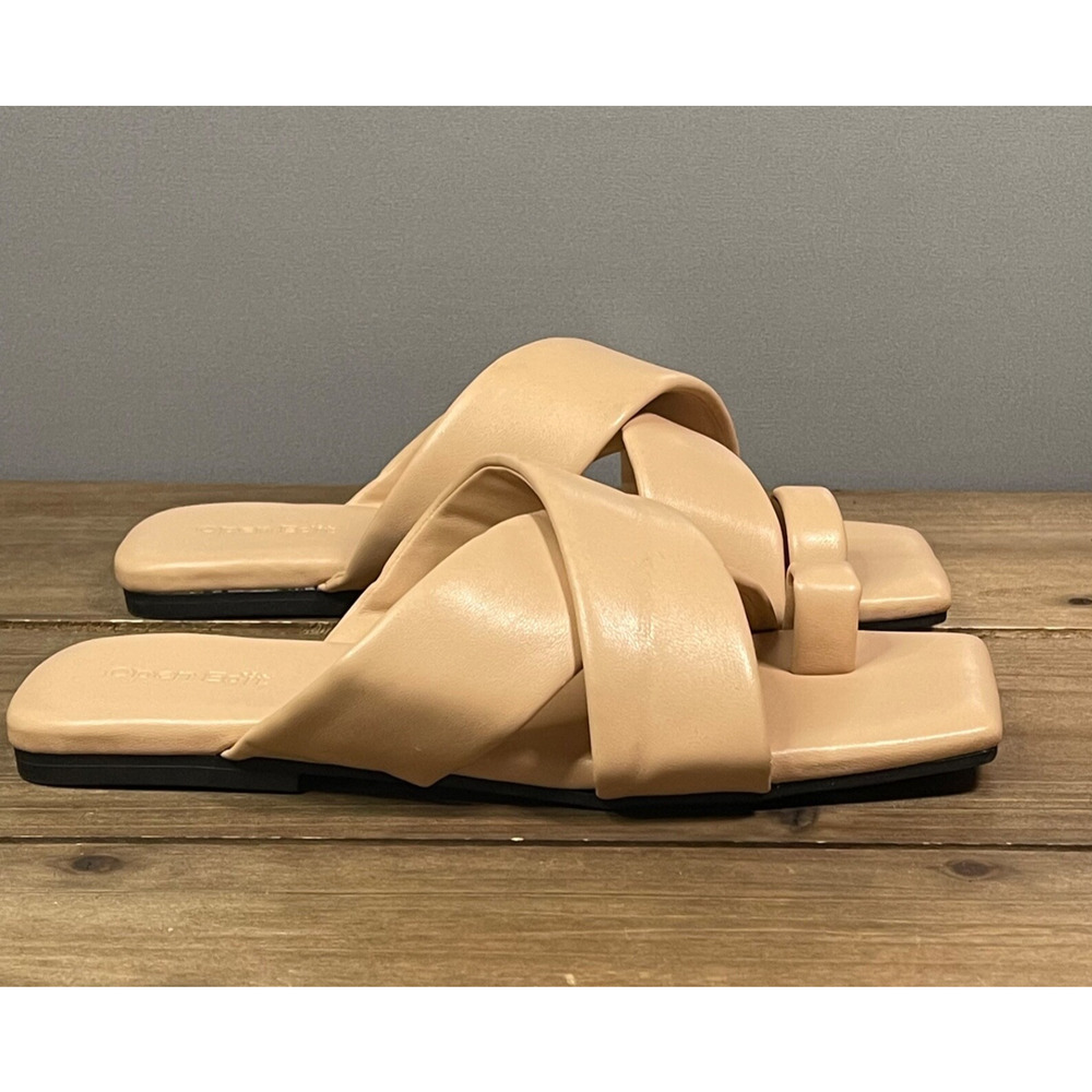 Open Edit Women's Otto Slide Sandals Size 6.5 Beige Faux Leather Toe Ring Flat